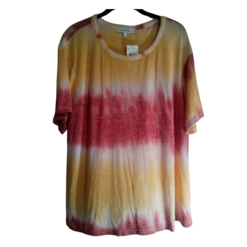 The Vanity Room Top Womens Size 1X Orange Gold Short Sleeves Colorful